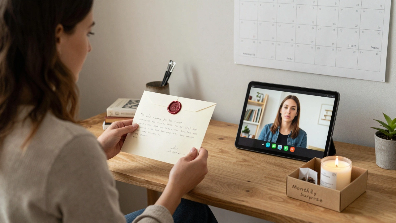 A hybrid work moment: a handwritten letter and video call coexist in a warm, personal space.